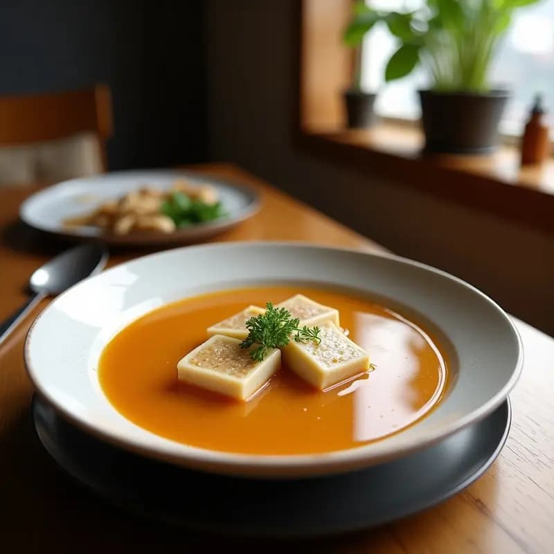 Cuenco hondo de cerámica blanca con sopa de misoshiru humeante, trozos de tofu firme, hongos shimeji dorados, cebolla tierna verde y semillas de sésamo tostadas, sobre fondo de madera rústica. Receta tradicional japonesa keto y sin gluten.