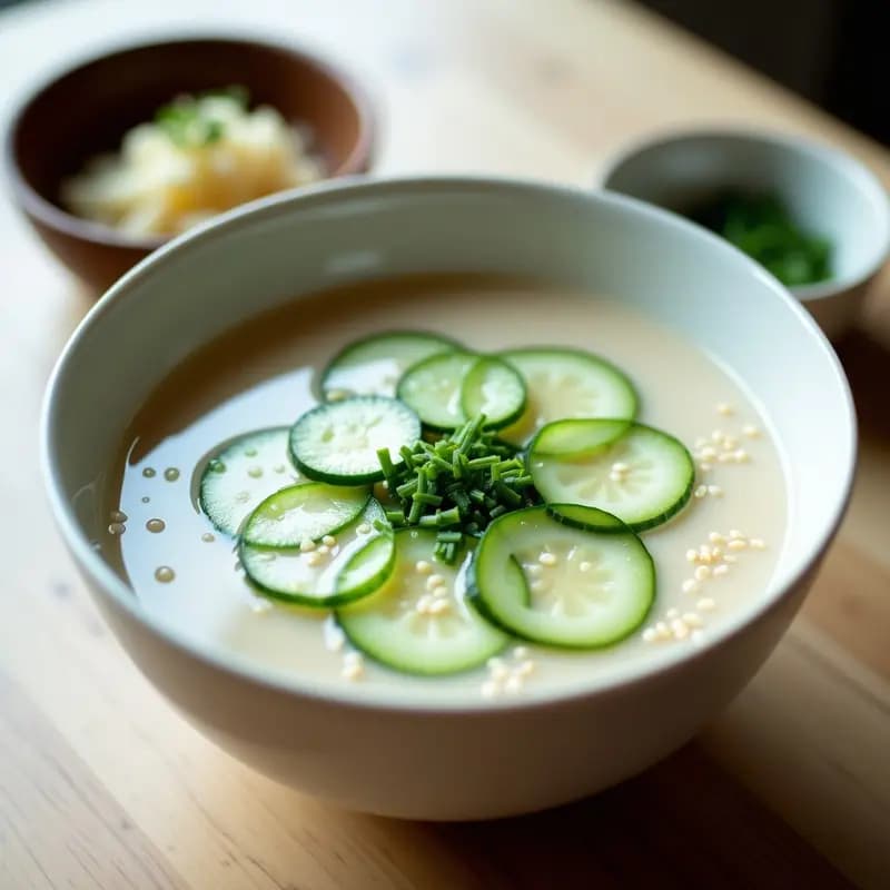 Cuenco blanco con sopa fría de misozuke de pepino y jengibre, decorada con rodajas de pepino fresco, semillas de sésamo tostado y alga nori en copos, sobre un fondo de madera clara con utensilios japoneses.