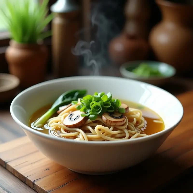 Cuenco hondo de cerámica blanca con sopa de misua humeante, láminas de hongos shiitake dorados, hojas de bok choy verde brillante y cebollino picado. Plato filipino reconfortante sobre fondo de madera rústica.