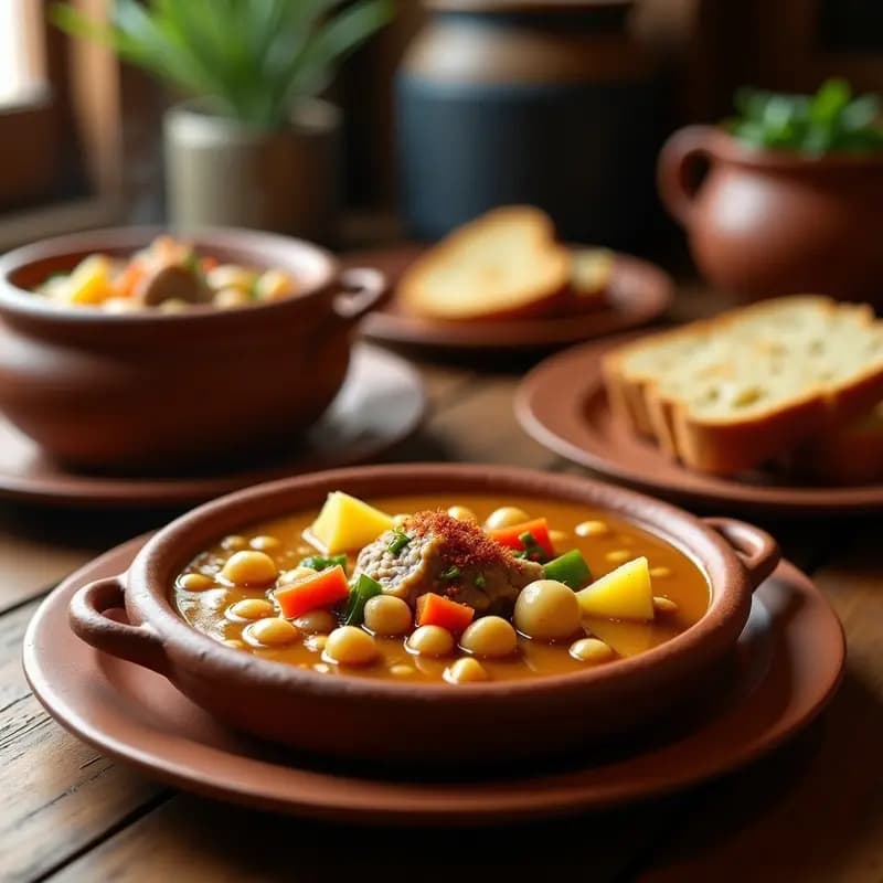 Olla de barro humeante con sopa de mondongo canaria, callos tiernos, garbanzos, papas y verduras en un caldo dorado y espeso, servida en cuencos de cerámica rústica.