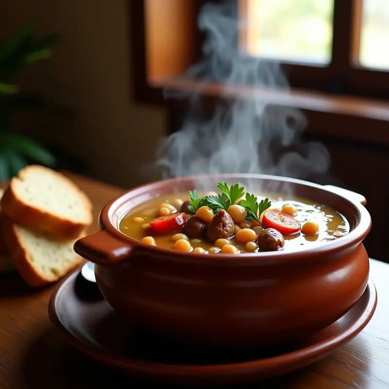 Olla de barro humeante con sopa de mondongo a la madrileña, callos tiernos, garbanzos, chorizo y morcilla en un caldo espeso y dorado, servida en cazuela de barro con pan rústico al lado.