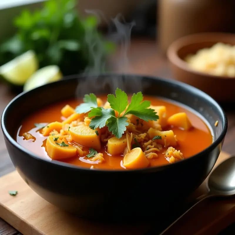 Plato hondo de barro con sopa de mondongo vegana espesa, trozos de yuca dorada, jackfruit desmenuzado y cilantro fresco. Fondos de especias como comino y achiote flotando. Acompañada de rodaja de limón y arepa al lado.