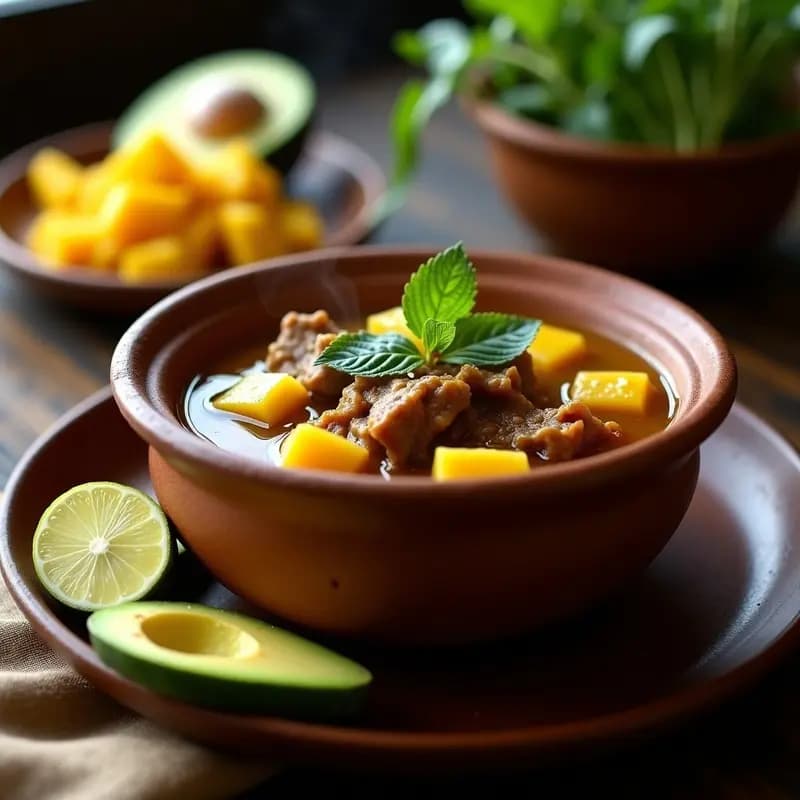 Olla de barro humeante con sopa de mondongo colombiano, trozos de yuca, plátano verde y maduro, y callos de res, decorada con cilantro fresco y ají picante al lado.