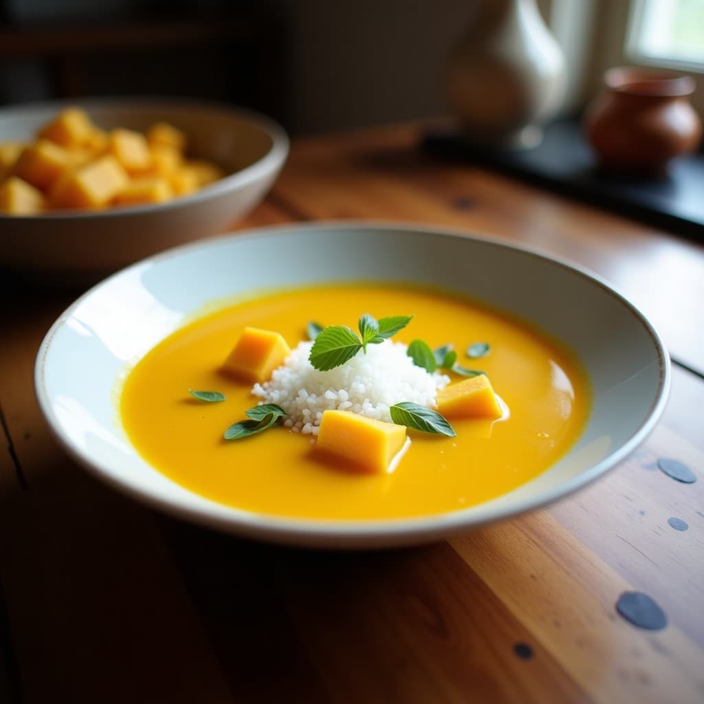Plato hondo de cerámica blanca con sopa de ñame morado y cúrcuma, decorada con virutas de coco tostadas y cilantro fresco. Fondo rústico con textura de madera y luz cálida que resalta los colores vibrantes de la sopa caribeña keto.
