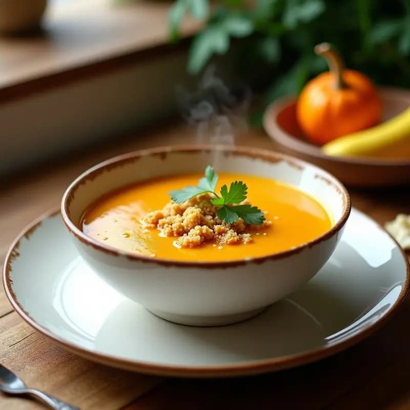 Cuenco de cerámica blanca con sopa cremosa de ñame y jengibre, decorada con crutones dorados de quinoa y hojas de cilantro. Plato tradicional caribeño reconfortante en Thermomix.