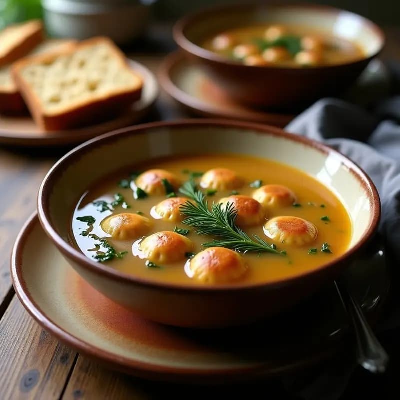 Plato hondo de cerámica oscura con sopa de pan alemana vegana, albóndigas de lentejas y espinacas flotando en un caldo dorado, decorado con perejil fresco y acompañada de una rebanada de pan tostado.