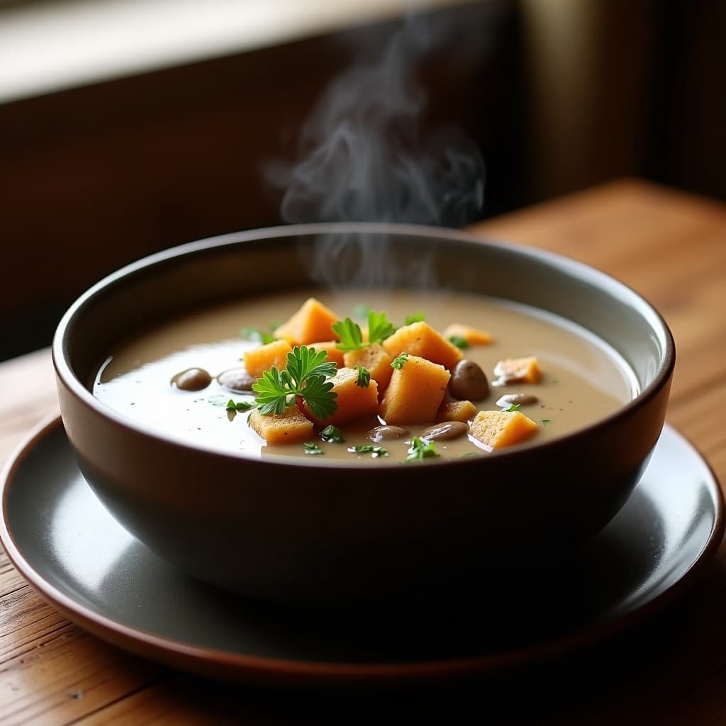 Plato hondo de cerámica oscura con sopa espesa de champiñones silvestres y cubos dorados de pan de centeno tostado, decorada con perejil fresco. Receta alemana de sopa de pan de centeno y champiñones en olla lenta, servida humeante sobre fondo rústico de madera.
