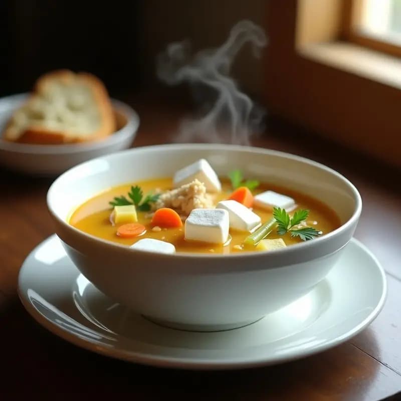 Cuenco hondo de cerámica blanca con sopa de pan de pingüino (malvaviscos blancos) flotando en un caldo de pollo dorado con trozos de zanahoria, apio y pollo. Decorado con perejil fresco y humeante, sobre una mesa de madera rústica.