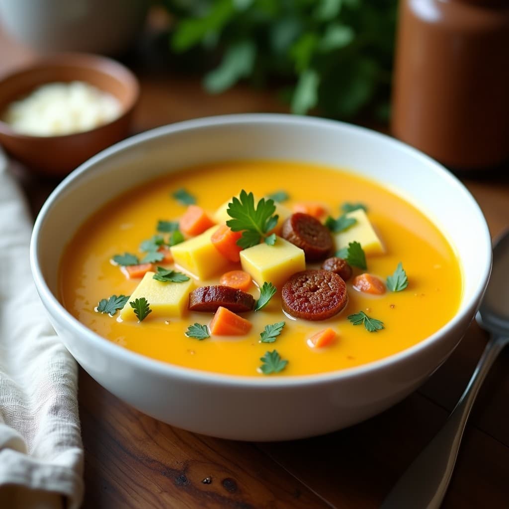 Plato hondo de cerámica blanca con sopa de panela y queso de cabra, de color dorado cremoso, decorada con trozos de queso de cabra fundido, crujientes dorados de chorizo vegano y cilantro fresco picado. Fondo rústico con servilleta de lino.