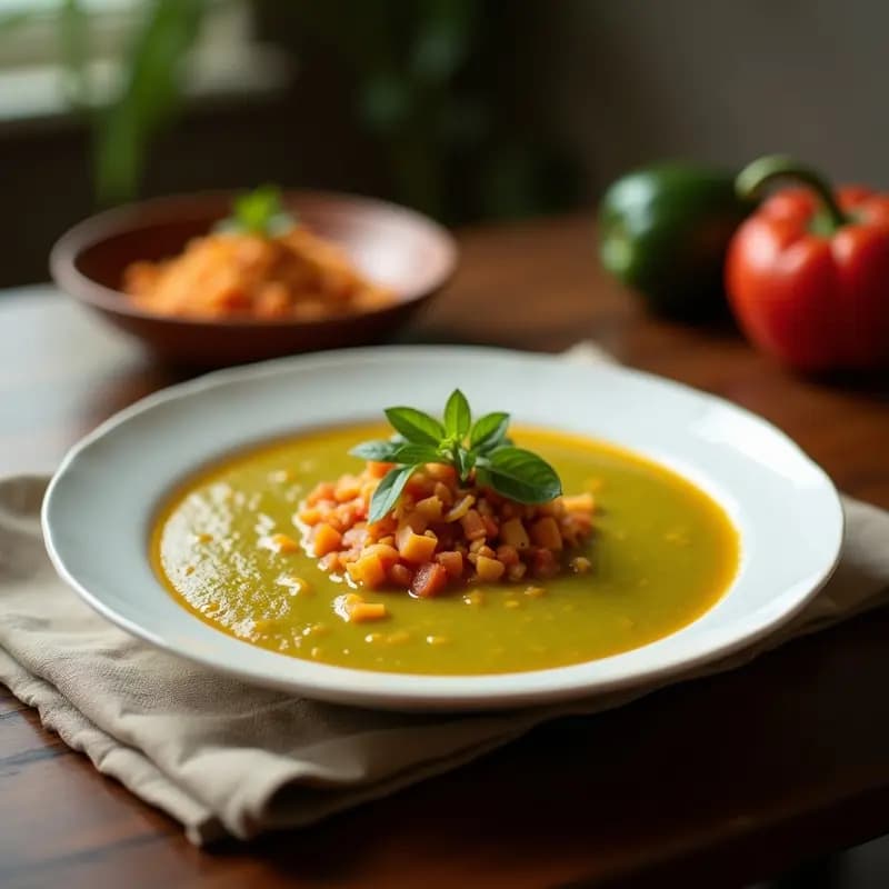 Tazón de barro rústico con sopa de papaya verde y tomate, trozos de chile serrano, cilantro fresco y rodajas de limón, servida sobre mesa de madera.