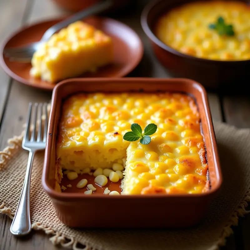 Sopa paraguaya jopará dorada y esponjosa en molde rectangular, con trozos de queso derretido y maíz visible, servida en plato de barro.