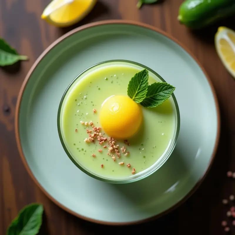 Bol transparente con sopa fría de pepino y jengibre en tono verde claro, coronada con una bola de helado de limón amarillo brillante. Decorada con hojas de menta y pimienta de Sichuan espolvoreada. Fondo oscuro con luz natural resaltando los colores vibrantes.