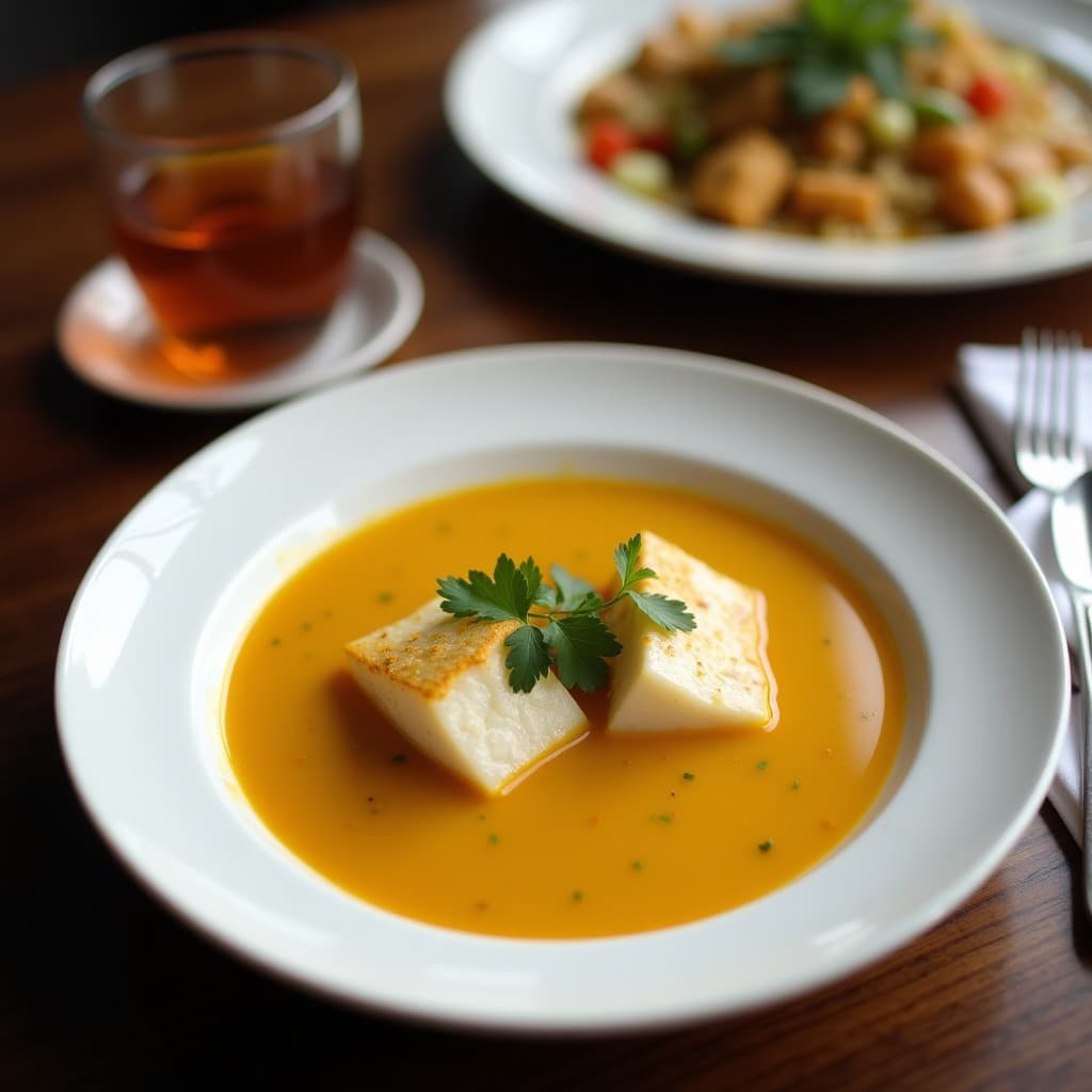Cuenco de cerámica blanca con sopa de pescado con coco y cúrcuma, trozos de merluza, cilantro fresco y rodajas de limón, sobre fondo de madera rústica.