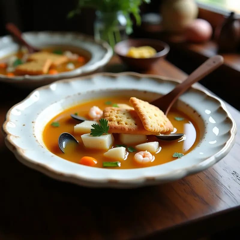 Cuenco hondo de cerámica blanca con sopa de pescado y marisco, galletas de marisco tostadas flotando, gambas rosadas, trozos de merluza y perejil fresco. Receta gallega express.