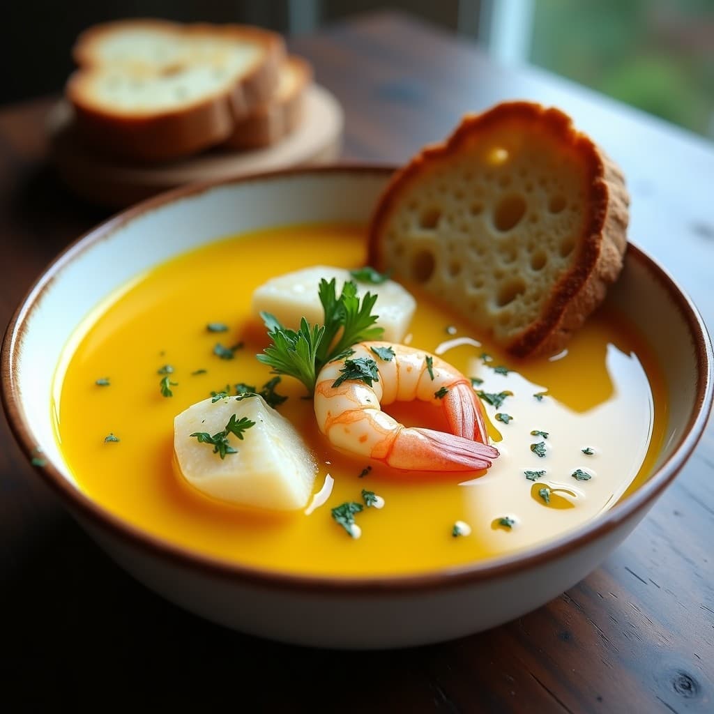 Cuenco hondo de cerámica blanca con sopa de pescado y hinojo con azafrán, trozos de merluza y gambas rosadas, decorada con perejil fresco y hojas de hinojo, fondo de madera rústica.