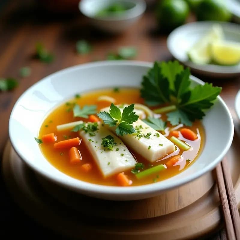 Cuenco hondo de cerámica blanca con sopa de pescado malasia, filetes de merluza en caldo dorado con trozos de zanahoria, apio y cilantro fresco. Decorado con hojas de lima kaffir y ralladura de cáscara, sobre fondo de madera rústica.