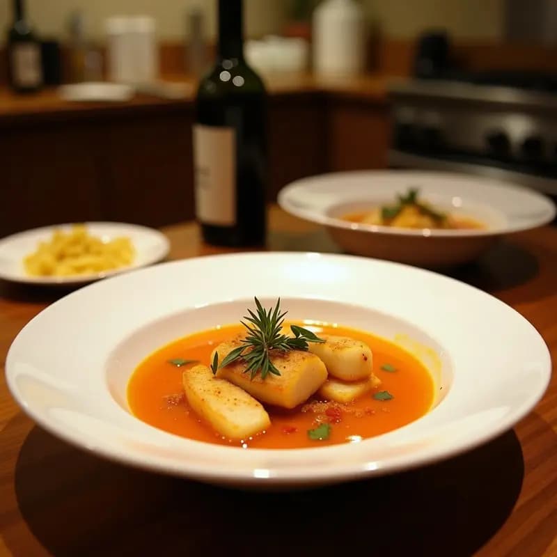 Olla rústica de barro con sopa de pescado de roca y ñoras, caldo espeso de color anaranjado con trozos de pescado blanco y perejil fresco. Plato típico costero de la Costa Brava servido en cuenco de cerámica.
