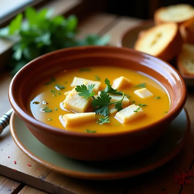 Plato hondo de barro con sopa de pescado sevillana humeante, trozos de merluza y rape, caldo dorado con azafrán, hierbas frescas y rebanadas de pan tostado a un lado.