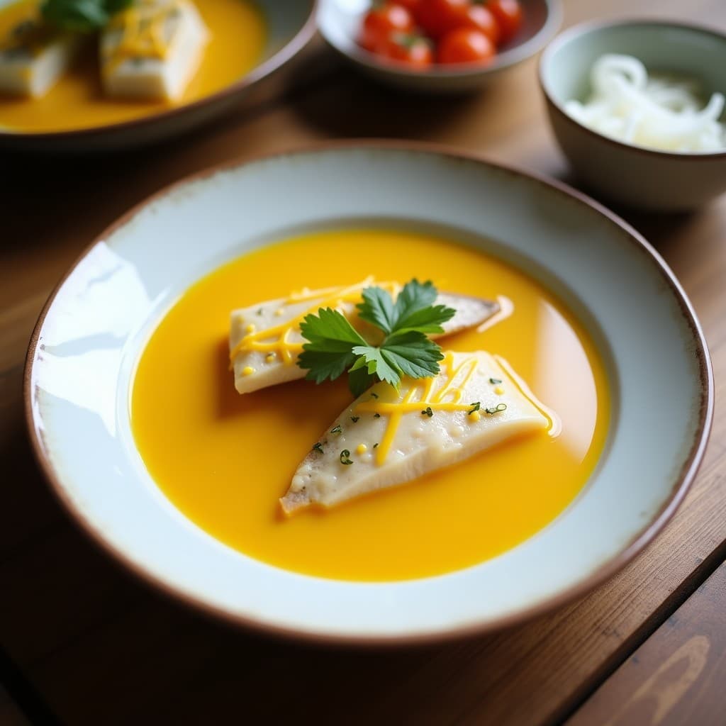 Plato hondo de cerámica blanca con sopa cremosa de color dorado, trozos de pez lionfish blanco, cilantro fresco y rodajas de limón verde. Fondos de especias como cúrcuma y pimienta de Jamaica dispersas en la mesa rústica de madera.