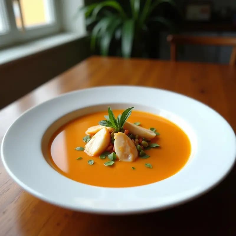 Plato hondo de cerámica blanca con sopa de pez Russa: caldo dorado con trozos de salmón desmenuzado, zanahorias, apio y huevo duro. Decorado con eneldo fresco y perejil, sobre un mantel rústico de lino. Receta tradicional judía para Shabat en olla lenta.