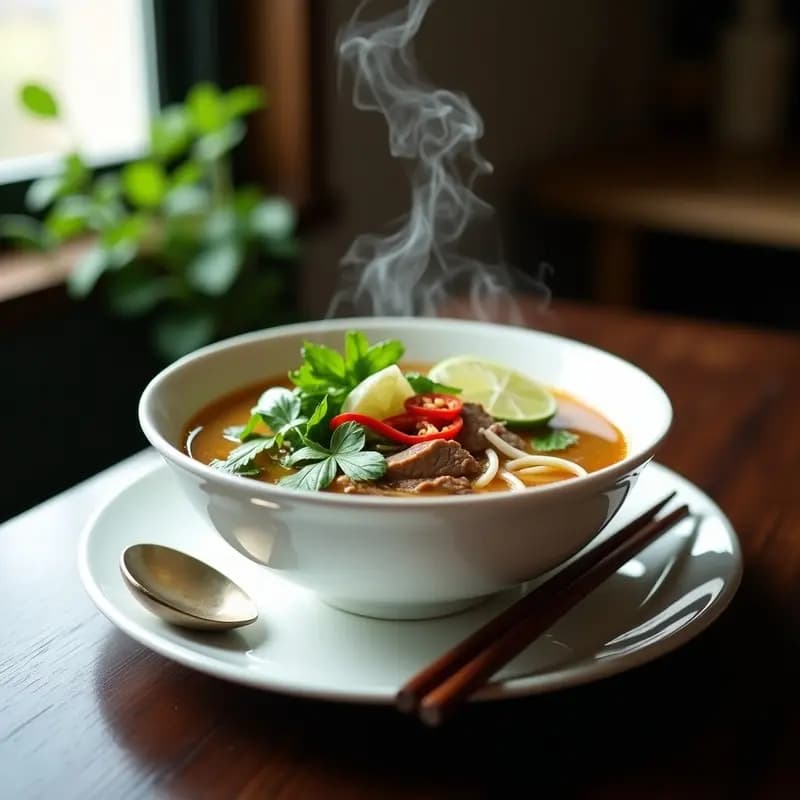 Bowl hondo de cerámica blanca con sopa de pho bo vietnamita: caldo dorado y transparente, fideos de arroz, rodajas finas de carne de res, brotes de soja, hierbas frescas como cilantro y menta, rodajas de lime y chiles rojos. Plato tradicional servido con palillos y cuchara de madera sobre fondo rústico.