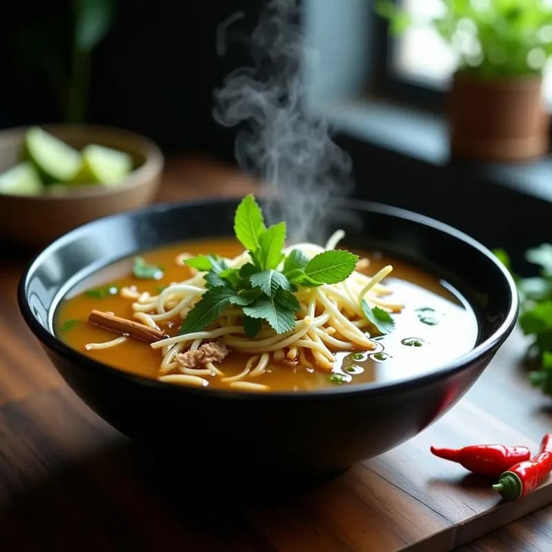 Bol hondo de cerámica blanca con sopa de Phở humeante, caldo dorado de huesos, fideos de arroz, láminas de ternera, germinados de rábano crujientes, hierbas frescas y gajos de limón. Plato tradicional vietnamita rico en colágeno, servido con palillos y cuchara de madera.