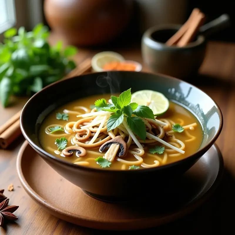 Cuenco hondo de cerámica negra con sopa de phở vegana, fideos de arroz integral, champiñones shimeji, zanahorias en juliana, brotes de soja y hierbas frescas como cilantro y menta. Fondos de especias vietnamitas como estrella de anís y canela.