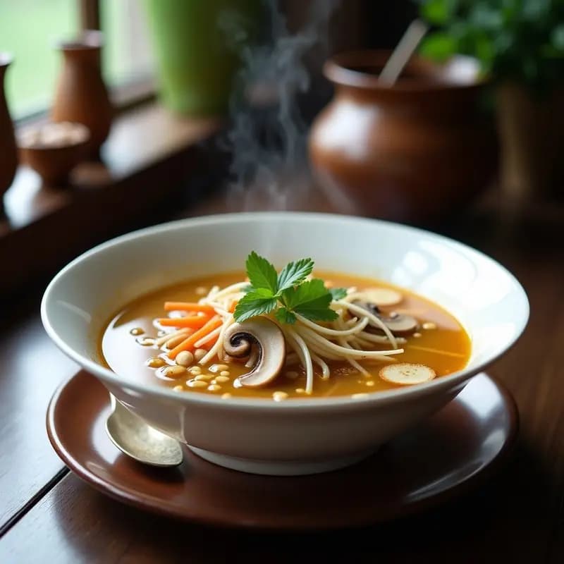 Bol hondo de cerámica blanca con sopa de pho vegana vietnamita: caldo dorado aromático con láminas de hongos shiitake, fideos de arroz integral, rodajas de zanahoria, brotes de soja y hierbas frescas (cilantro y menta). Decorado con cacahuetes picados y un chorrito de aceite de sésamo.