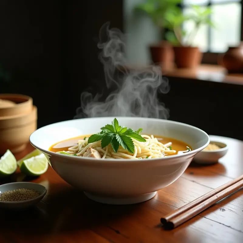 Bowl hondo de cerámica blanca con sopa Phở de pollo y cilantro, caldo dorado transparente, fideos de arroz, trozos de pechuga de pollo, brotes de soja, hojas de cilantro y menta fresca, rodeado de gajos de limón y semillas de sésamo.