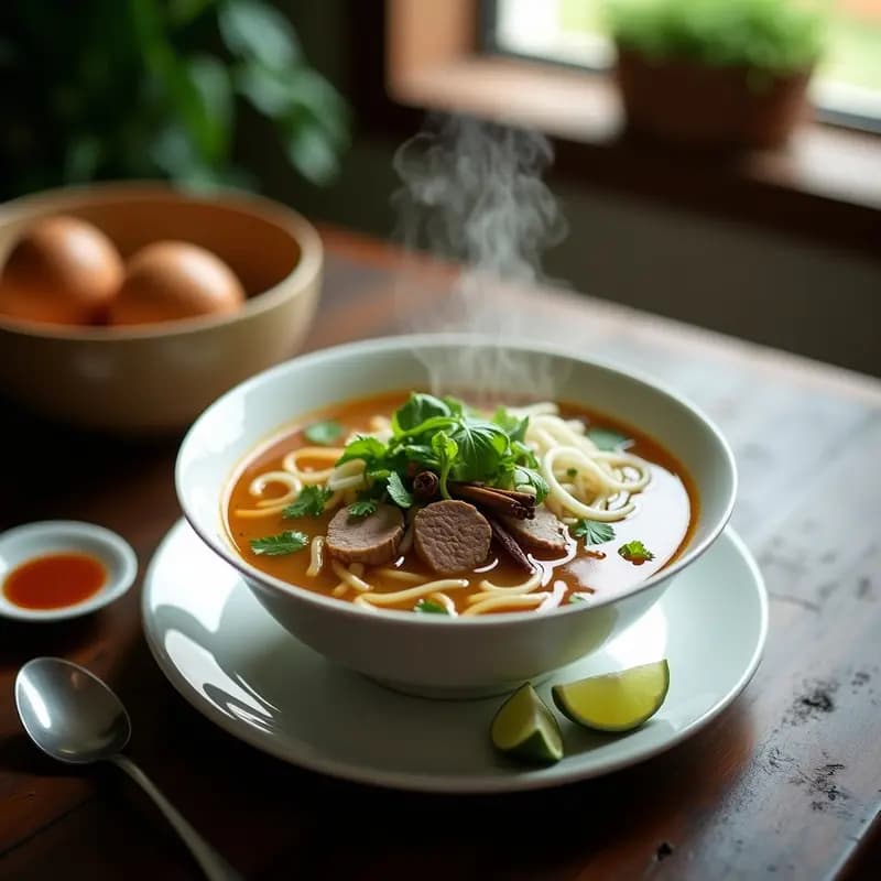 Cuenco hondo de cerámica blanca con sopa de pho vietnamita, ternera en láminas finas, fideos de arroz, germinados de soja frescos, hierbas verdes y gajos de limón. Caldo dorado y aromático con especias visibles.