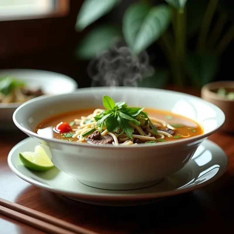 Bowl hondo de cerámica blanca con sopa pho vietnamita: caldo dorado transparente, láminas de ternera, fideos de arroz, hierbas frescas (cilantro, menta, albahaca) y brotes de soja. Rodajas de lima y chile al lado.