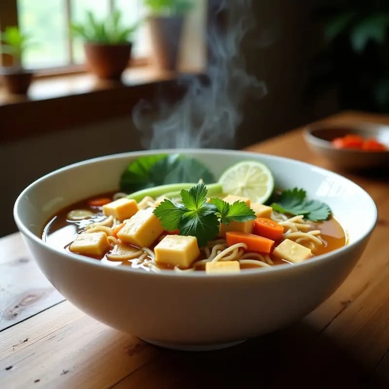 Cuenco hondo de cerámica blanca con sopa phở vegana, fideos de arroz blancos, tofu dorado en cubos, brotes de bambú, zanahoria y apio. Decorada con hojas de cilantro, menta y rodajas de limón en un fondo de madera rústica.