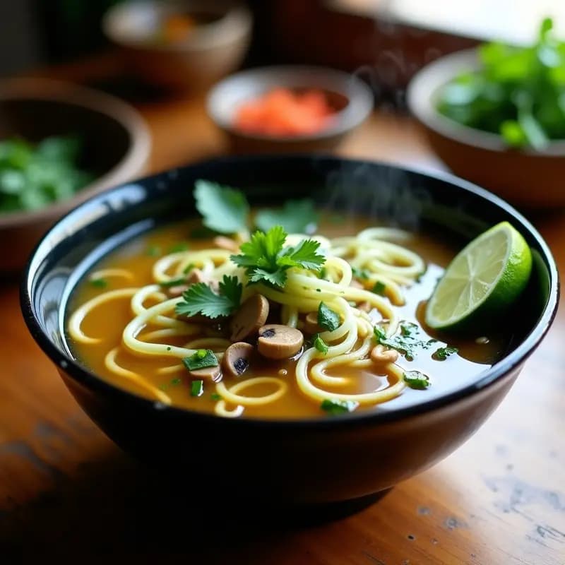 Bol hondo de cerámica negra con sopa pho vegana: caldo dorado aromático con fideos de calabacín verdes, setas ostras, cebolla morada y hierbas frescas (cilantro y menta). Decorado con semillas de sésamo negro y rodajas de limón verde. Plato detox vietnamita ligero y colorido.