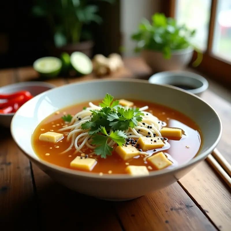 Cuenco hondo de cerámica blanca con sopa de pho vegana humeante, fideos de arroz gruesos, tofu dorado, brotes de soja, cilantro fresco y semillas de sésamo negro. Fondos de caldo dorado con trozos de jengibre y hongos reishi. Acompañado de rodajas de limón y chile rojo sobre una mesa de madera rústica.