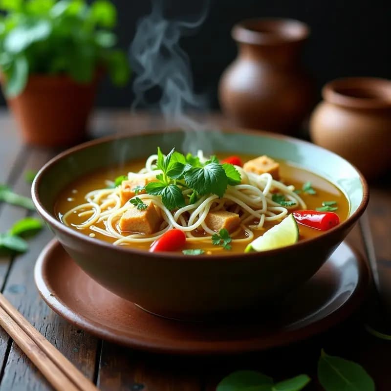 Cuenco profundo de sopa pho vegana con seitán en láminas, fideos de arroz blancos, brotes de soja, hierbas frescas como cilantro y menta, rodajas de limón y chile rojo. Caldo dorado y aromático con especias vietnamitas.