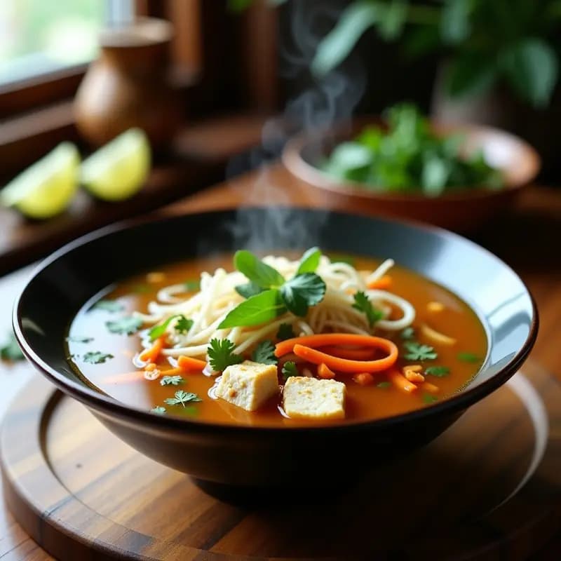Bowl hondo de cerámica blanca con sopa pho vegana de caldo dorado y aromático, fideos de arroz, champiñones shiitake, brotes de soja, cilantro y menta fresca, decorado con rodajas de lima y un hilo de aceite de sésamo.