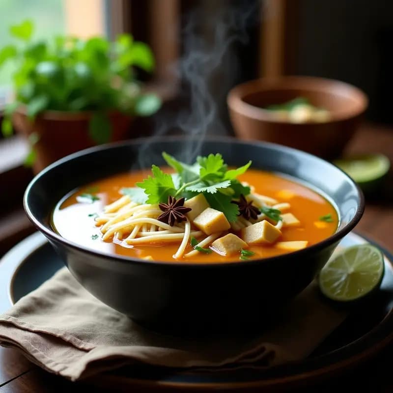 Bowl hondo de cerámica negra con sopa de pho vegana de color dorado, fideos de arroz, trozos de since de tofu, brotes de soja, cilantro y menta fresca. Especias como estrella de anís y canela flotando en el caldo aromático.