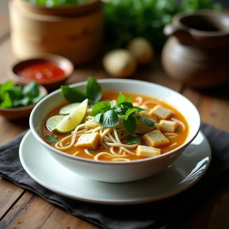 Bol hondo de cerámica blanca con sopa de pho vegetariana, fideos de arroz, cubos de tofu dorado, brotes de bambú, cilantro fresco y rodajas de lime. Caldo dorado y aromático con hierbas vietnamitas, servido sobre una mesa de madera rústica.