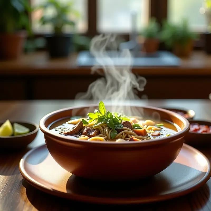 Olla grande de barro con sopa pho vietnamita humeante, fideos de arroz gruesos, rodajas de carne de ternera tierna, brotes de soja, hierbas frescas como menta y cilantro, y gajos de lima al lado. Plato tradicional vietnamita aromático y reconfortante.