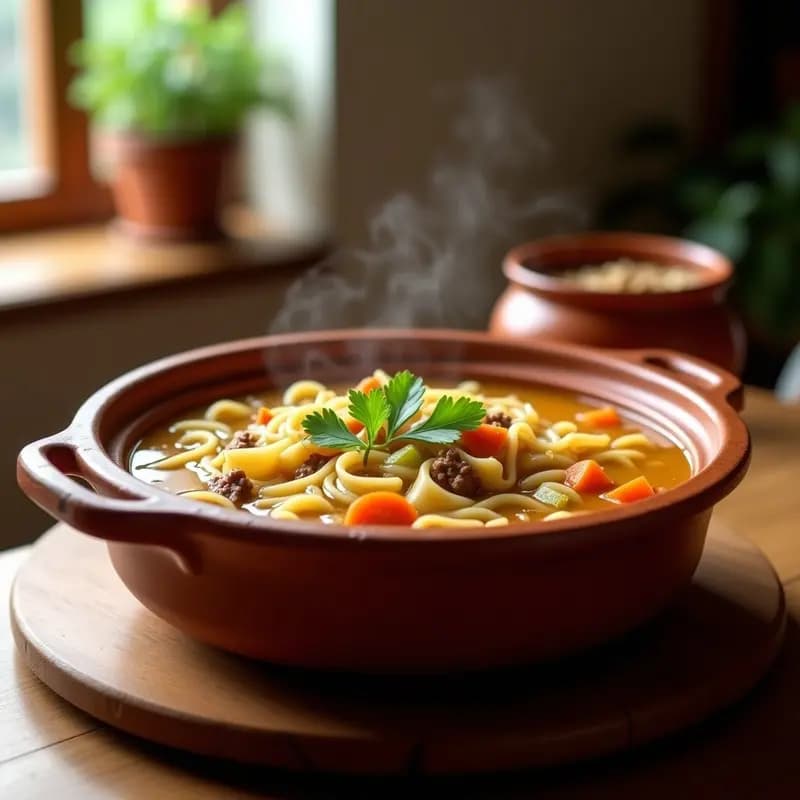 Cazuela de barro humeante con sopa de picadillo y fideos finos, ingredientes visibles como zanahoria, apio y carne picada, decorada con perejil fresco. Receta tradicional española de aprovecho.