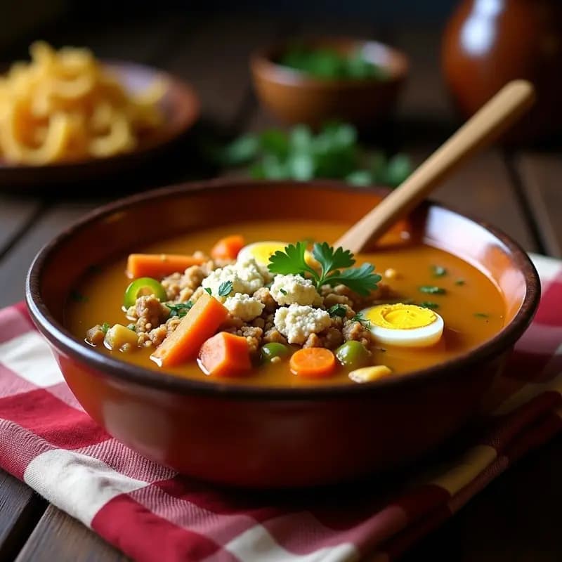Plato hondo de barro con sopa de picadillo con fideos, caldo dorado, trozos de zanahoria, huevo duro picado y un toque de perejil fresco. Receta tradicional mendruga para aprovechar sobras.