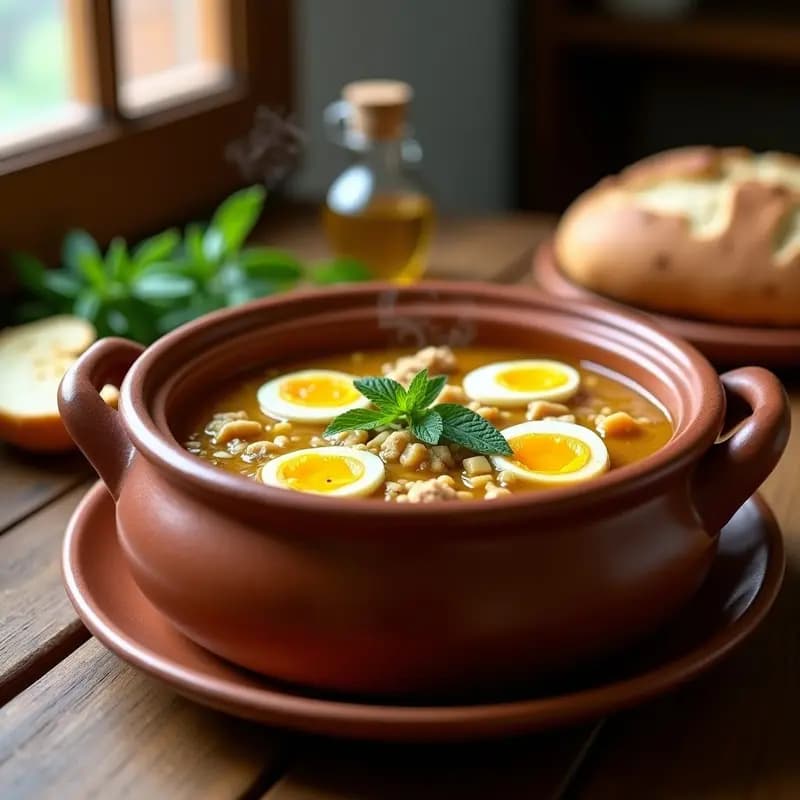 Cazuela de barro humeante con sopa de picadillo manchego, huevo picado y hierbabuena fresca, servida con un hilo de aceite de oliva virgen extra.