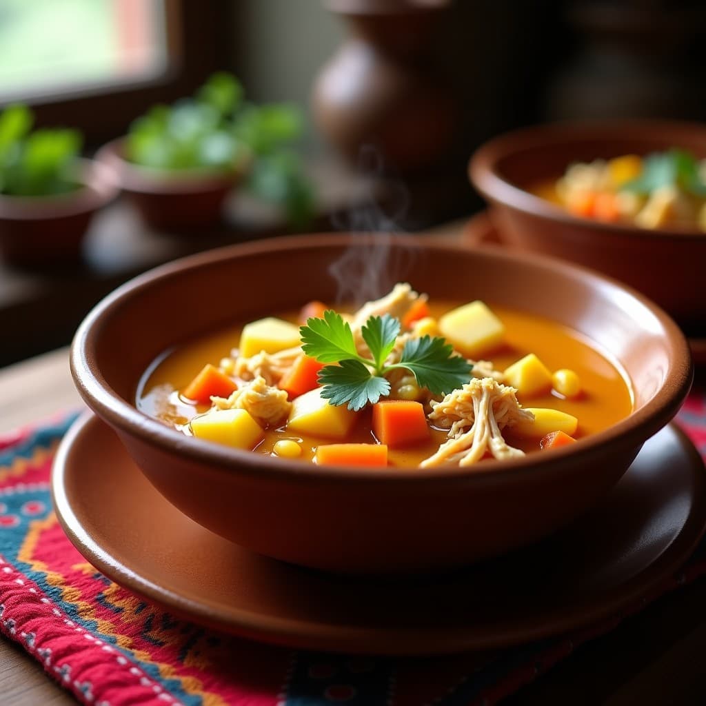 Plato hondo de cerámica rústica con sopa de pollo y maíz con achiote, mostrando trozos dorados de pollo desmenuzado, rodajas de maíz blanco, papa y zanahoria en un caldo espeso de color ámbar. Decorado con cilantro fresco y servido sobre una mesa de madera con telas andinas.