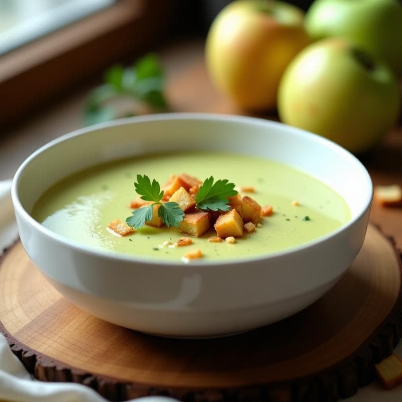 Cuenco blanco con sopa fría de puerro y manzana verde de color crema, decorada con crutones dorados de pan de centeno y hojas de perejil fresco. Plato refrescante y vegano sobre fondo de madera rústica.