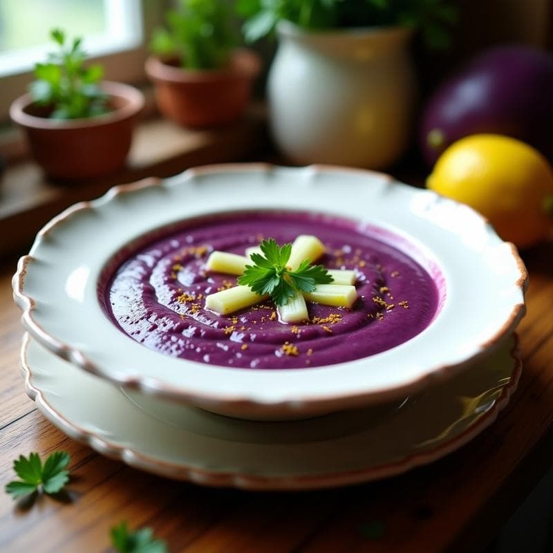 Cuenco hondo de cerámica blanca con sopa cremosa de color morado oscuro, decorada con perejil fresco y un chorrito de limón. Al fondo, rodajas de puerro y trozos de ñame morado. Receta de sopa de puerro y ñame morado con toque de comino en olla express.