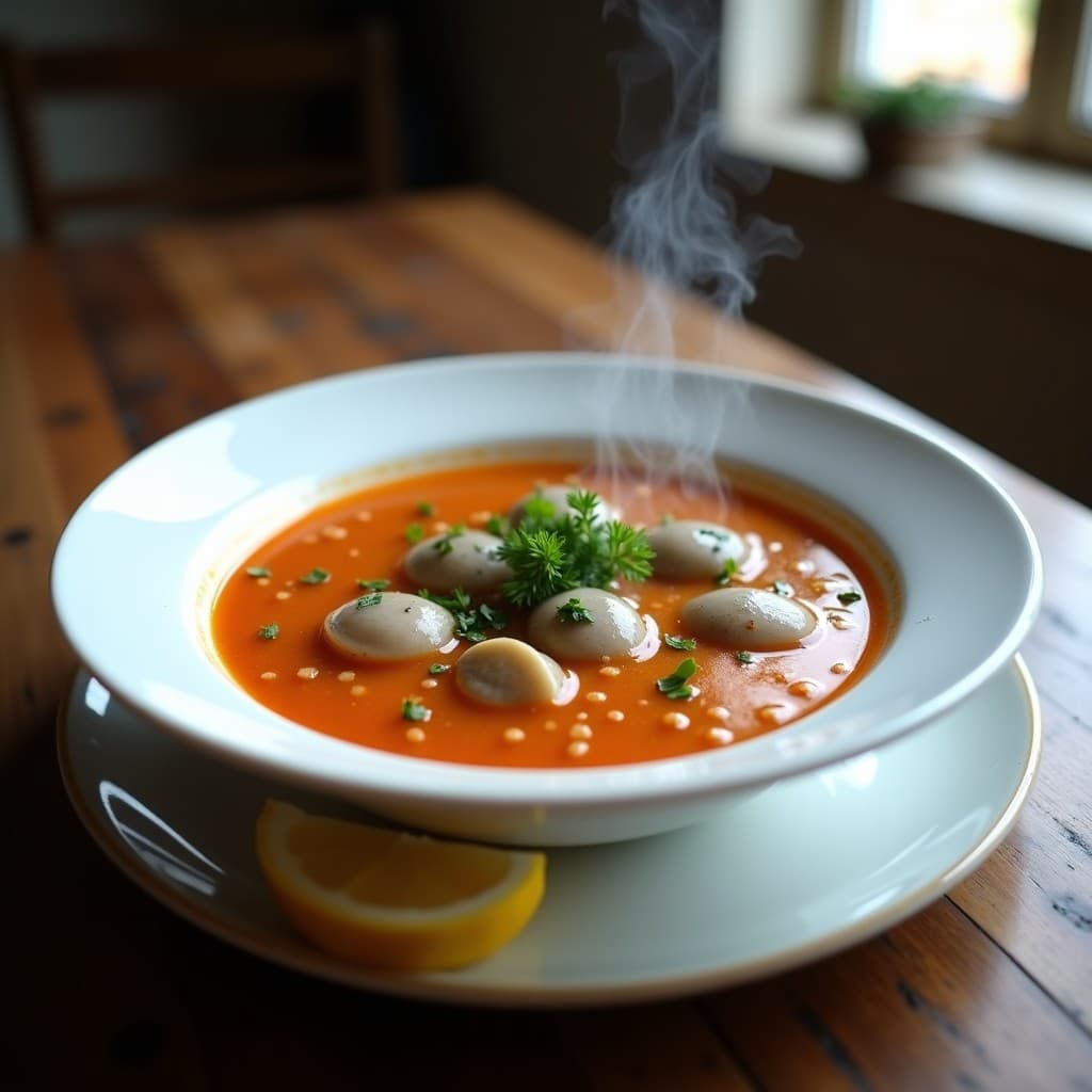 Plato hondo de cerámica blanca con sopa espesa de quinoa roja y ostiones, decorada con perejil fresco y una rodaja de limón al lado. Fondo rústico con textura de madera.