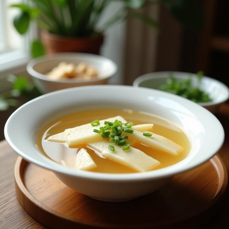 Cuenco blanco humeante con sopa de raíz de loto y jengibre con tofu sedoso, rodajas transparentes de raíz de loto, cubos de tofu blanco y cebollino picado, sobre fondo de madera rústica. Receta china desintoxicante.