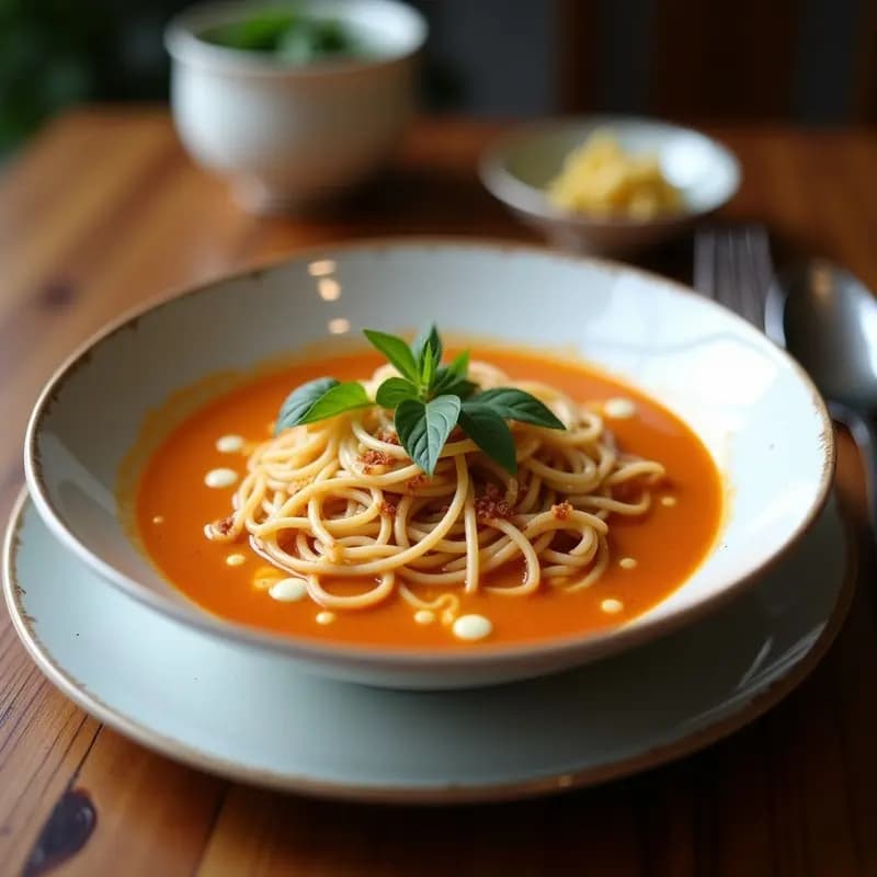 Bol de sopa de ramen humeante con fideos sumergidos en caldo dorado, cubiertos de queso mozzarella fundido cremoso, trozos de tocino crujiente y huevo frito con yema líquida. Decorado con cebollino fresco y pimienta negra.