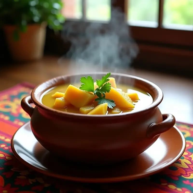 Olla de barro humeante con sopa sancocho vegana dominicana, llena de trozos de yuca, ñame y plátano verde, bañados en un caldo dorado y espeso. Decorada con cilantro fresco y rodajas de limón sobre una mesa rústica de madera con telas de colores caribeños.