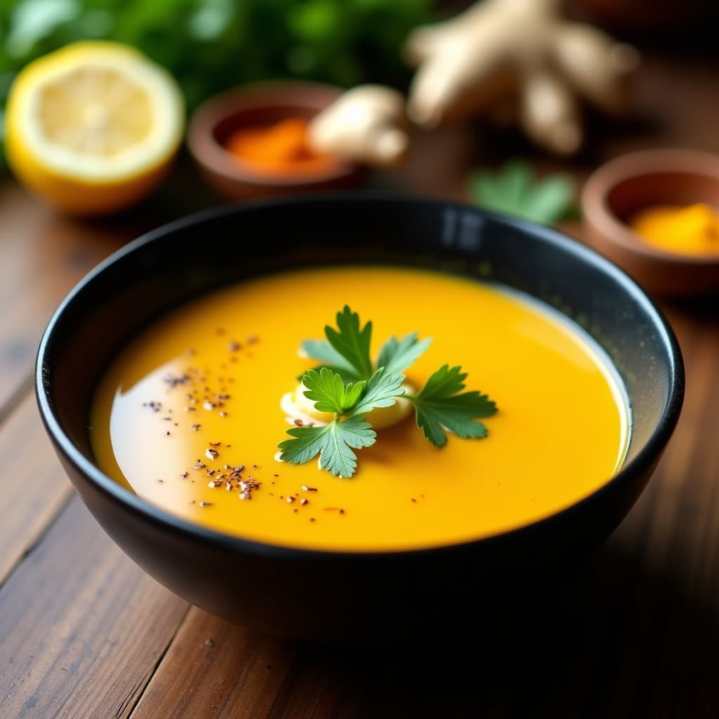 Cuenco de barro oscuro con sopa de Sello de Oro y jengibre con caldo de huesos, decorada con cilantro fresco y rodajas de limón amarillo. Fondo rústico con especias ayurvédicas como cúrcuma y ashwagandha esparcidas.